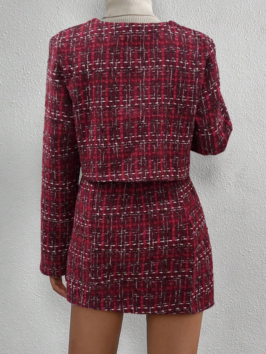 Conjunto Feminino Elegante Tweed Xadrez com Jaqueta e Saia – Sofisticado Outono/Inverno | Boutique do Encanto