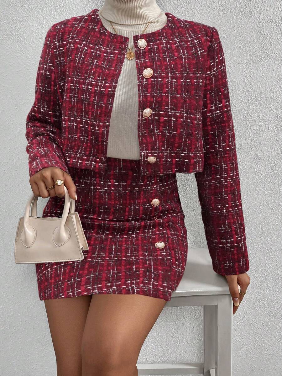 Conjunto Feminino Elegante Tweed Xadrez com Jaqueta e Saia – Sofisticado Outono/Inverno | Boutique do Encanto