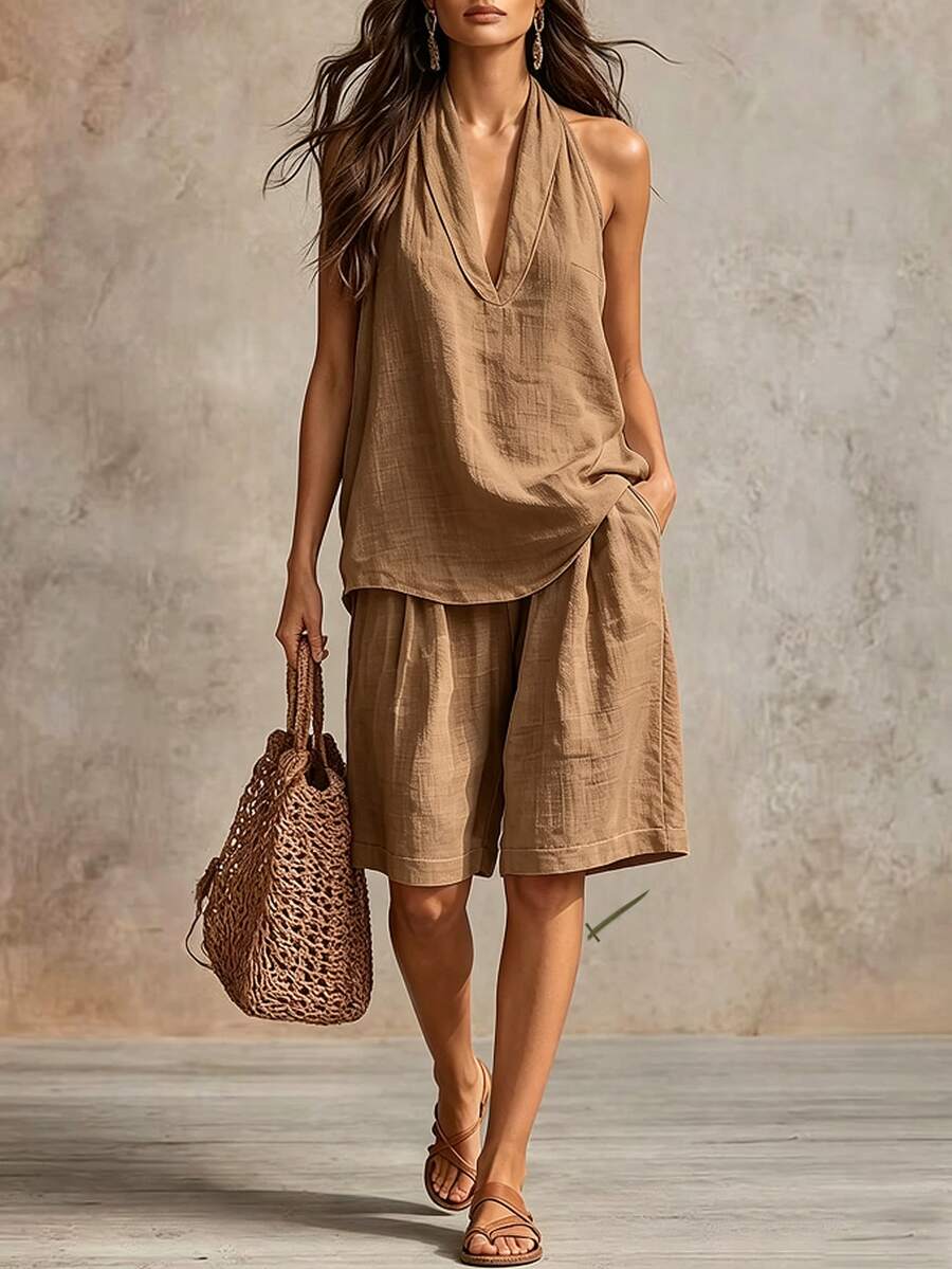 Conjunto feminino caqui com blusa sem mangas e bermuda – Boutique do Encanto