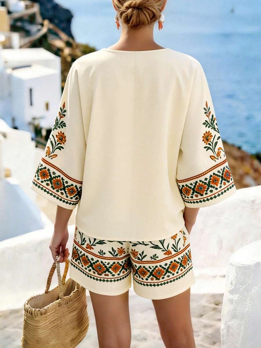 Conjunto feminino floral laranja com blusa e shorts – Boutique do Encanto
