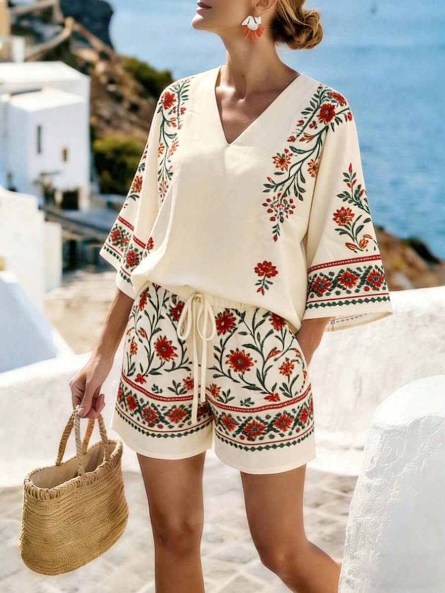 Conjunto feminino floral vermelho com blusa e shorts – Boutique do Encanto