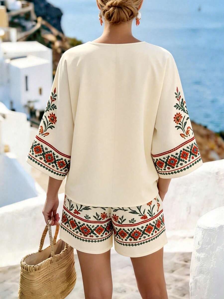 Conjunto feminino floral vermelho com blusa e shorts – Boutique do Encanto