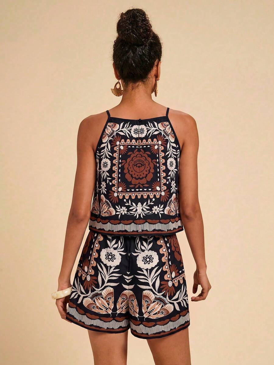 Conjunto feminino marrom com estampa étnica para verão e lazer – Essenciais Urbanos