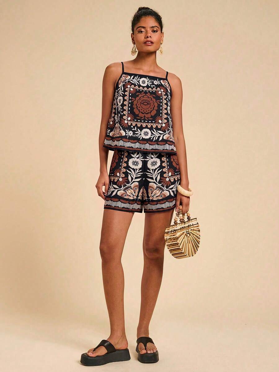 Conjunto feminino marrom com estampa étnica, regata e shorts – Boutique do Encanto