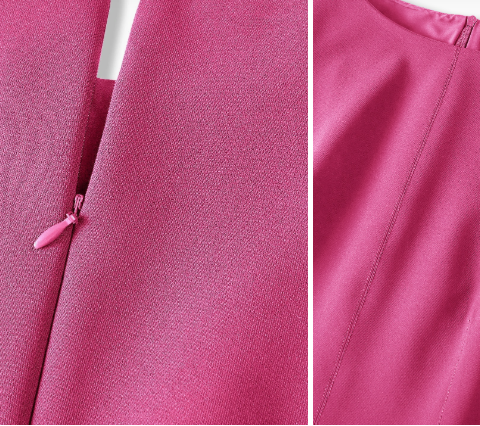 Detalhe do zíper e textura do tecido do vestido mini feminino