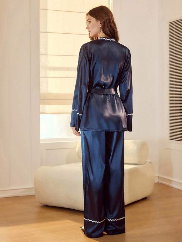 Pijama Feminino Cetim Azul Elegante com Robe e Calça Longa - Conjunto 2 Peças com Faixa - Íntimos & Confortavél - Boutique do Encanto