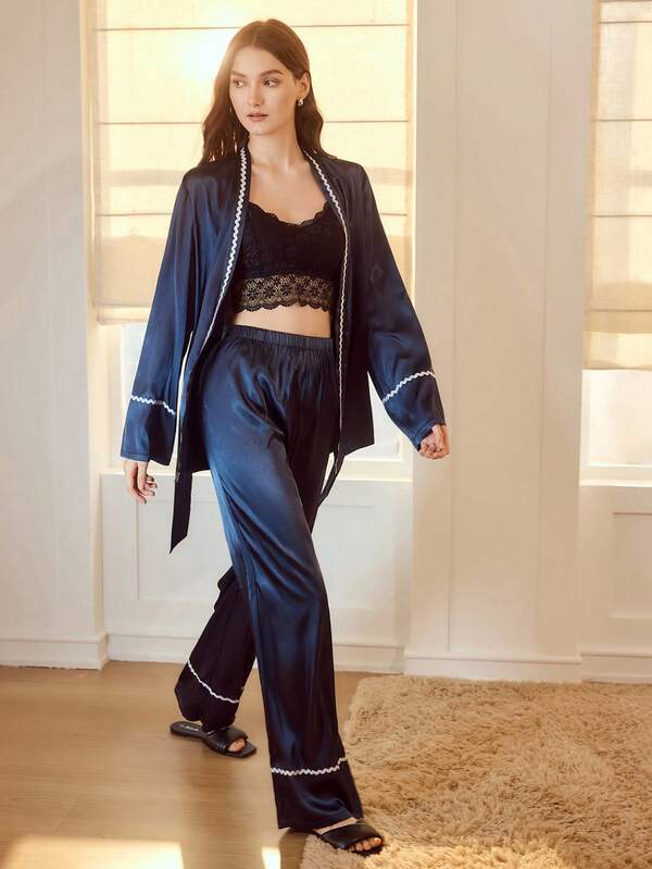 Pijama Feminino Cetim Azul Elegante com Robe e Calça Longa - Conjunto 2 Peças com Faixa - Íntimos & Confortavél - Boutique do Encanto