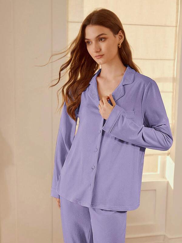 Pijama Feminino Longo com Botões e Lapela – Conjunto 2 Peças Algodão Premium | Íntimos & Conforto - Boutique do Encanto