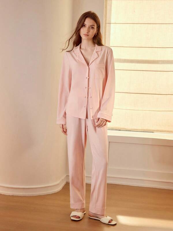 Pijama Feminino Longo com Botões e Lapela – Conjunto 2 Peças Algodão Premium | Íntimos & Conforto - Boutique do Encanto
