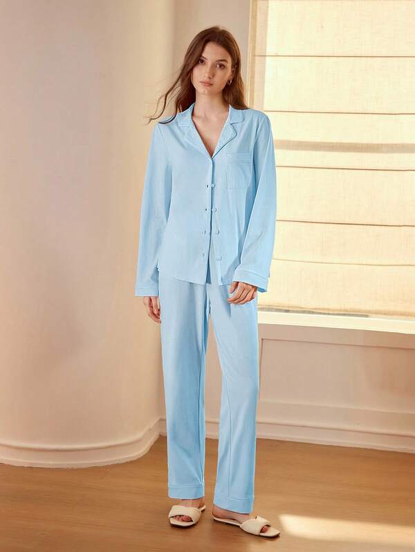 Pijama Feminino Longo com Botões e Lapela – Conjunto 2 Peças Algodão Premium | Íntimos & Conforto - Boutique do Encanto