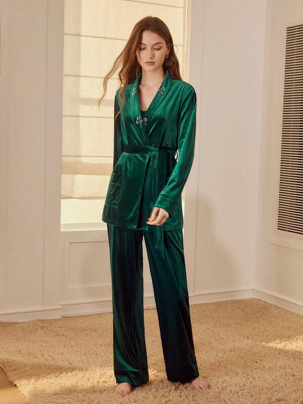Pijama Feminino Veludo Luxo com Cinto - Conjunto Longo Verde Escuro - Íntimos & Conforto Boutique do Encanto