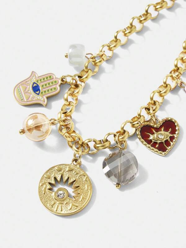 Pulseira Feminina Dourada com Charms Místicos em Aço Inox Banhada a Ouro 18 K - Semi Joia Fashion Premium - Boutique do Encanto Pulseiras