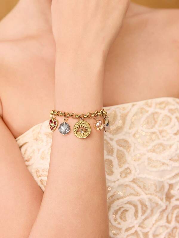 Pulseira Feminina Dourada com Charms Místicos em Aço Inox Banhada a Ouro 18 K - Semi Joia Fashion Premium - Boutique do Encanto Pulseiras