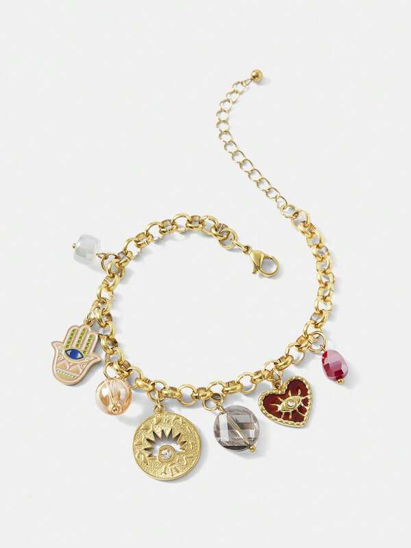 Pulseira Feminina Dourada com Charms Místicos em Aço Inox Banhada a Ouro 18 K - Semi Joia Fashion Premium - Boutique do Encanto Pulseiras