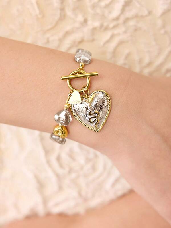 Pulseira Feminina de Corações em Aço Inox com Pingente Serpente Banhada a Ouro 18 K -Semi Joia Premium Fashion - Boutique do Encanto Pulseiras