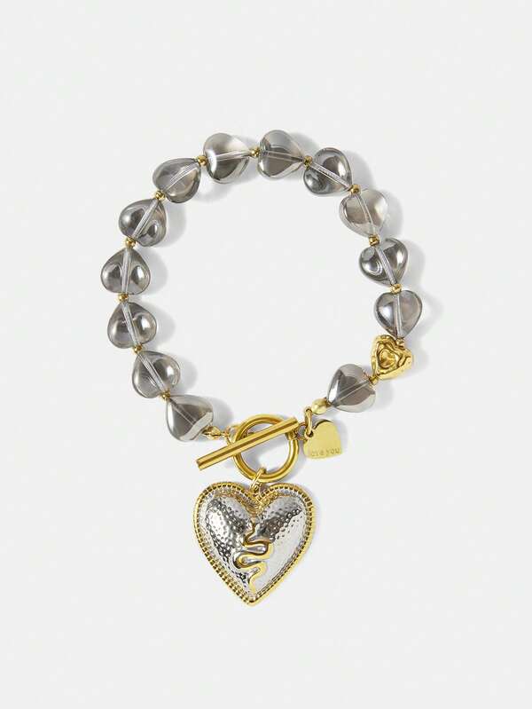 Pulseira Feminina de Corações em Aço Inox com Pingente Serpente Banhada a Ouro 18 K -Semi Joia Premium Fashion - Boutique do Encanto Pulseiras