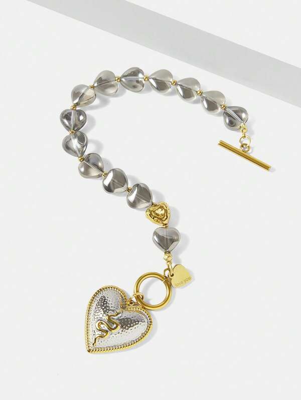 Pulseira Feminina de Corações em Aço Inox com Pingente Serpente Banhada a Ouro 18 K -Semi Joia Premium Fashion - Boutique do Encanto Pulseiras