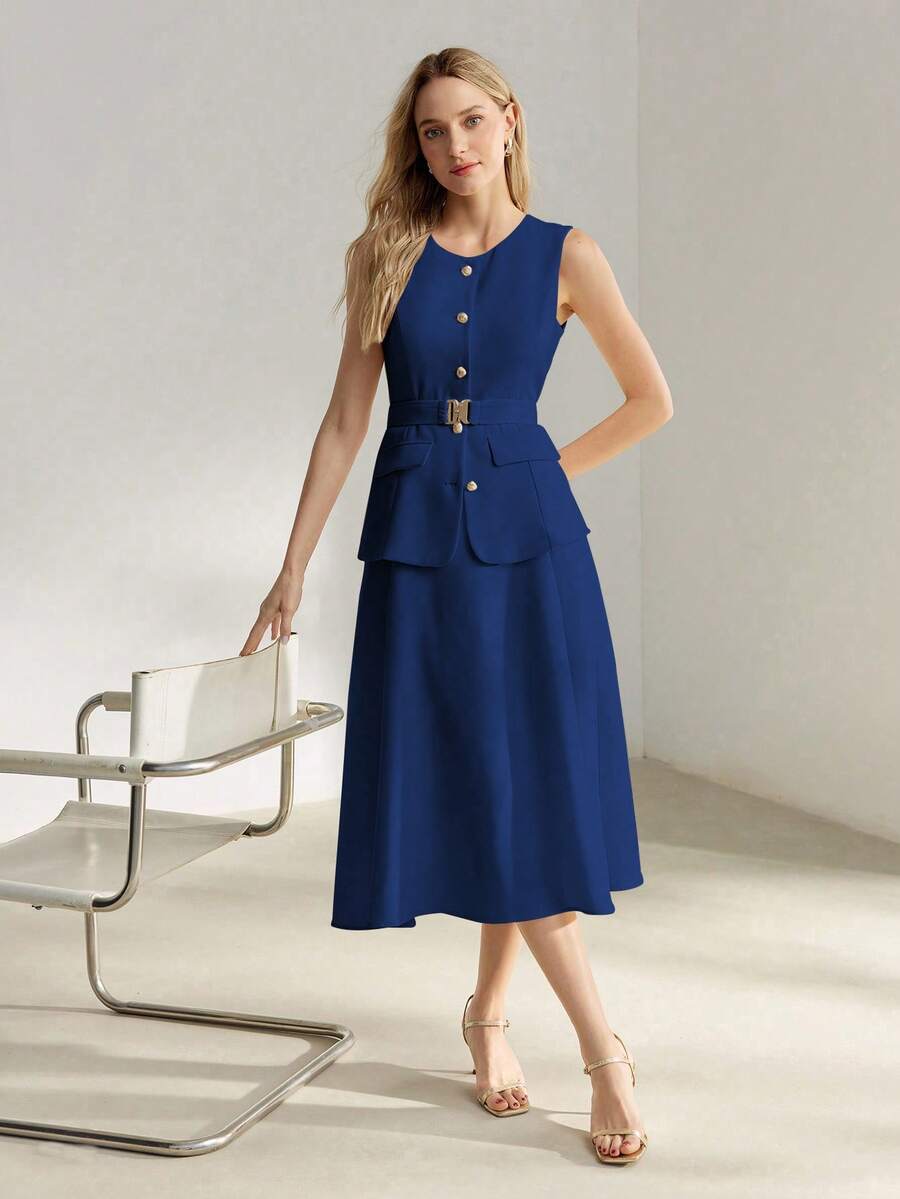 Vestido Azul Royal elegante com efeito visual de conjunto e saia evasê