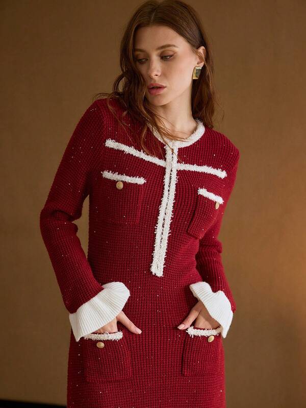 Vestido Midi Tricot Contrastado Slim Fit – Premium Outono/Inverno