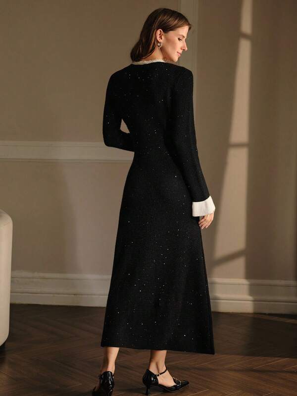 Vestido Midi Tricot Contrastado Slim Fit – Premium Outono/Inverno