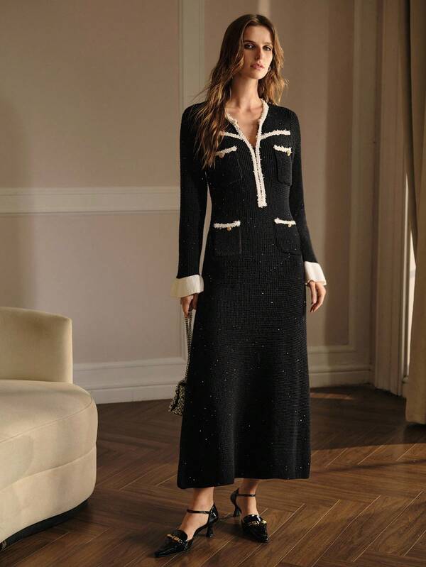 Vestido Midi Tricot Contrastado Slim Fit – Premium Outono/Inverno