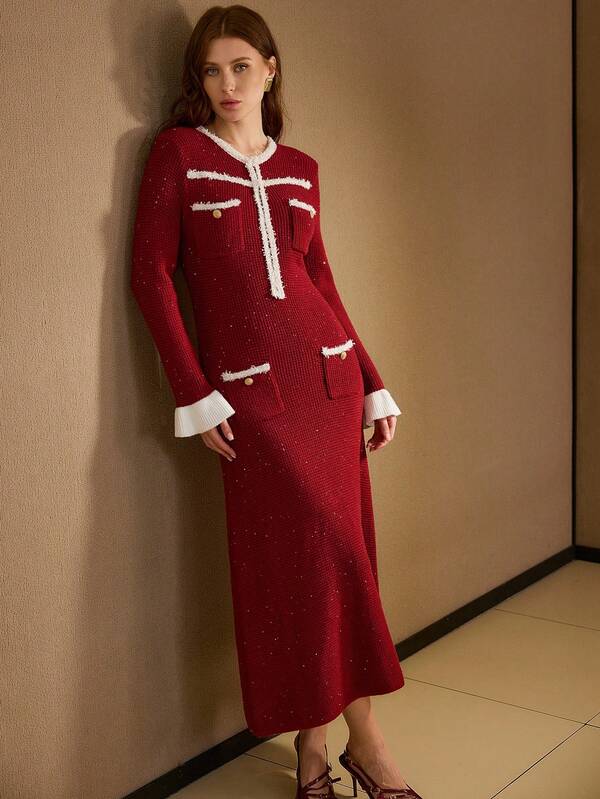 Vestido Midi Tricot Contrastado Slim Fit – Premium Outono/Inverno