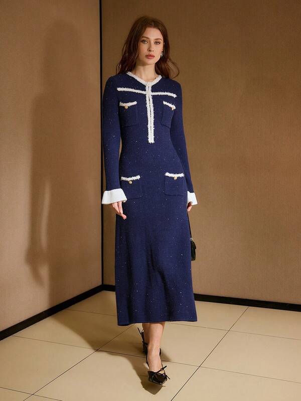 Vestido Midi Tricot Contrastado Slim Fit – Premium Outono/Inverno