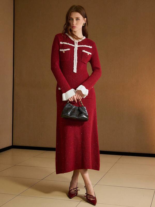 Vestido Midi Tricot Contrastado Slim Fit – Premium Outono/Inverno