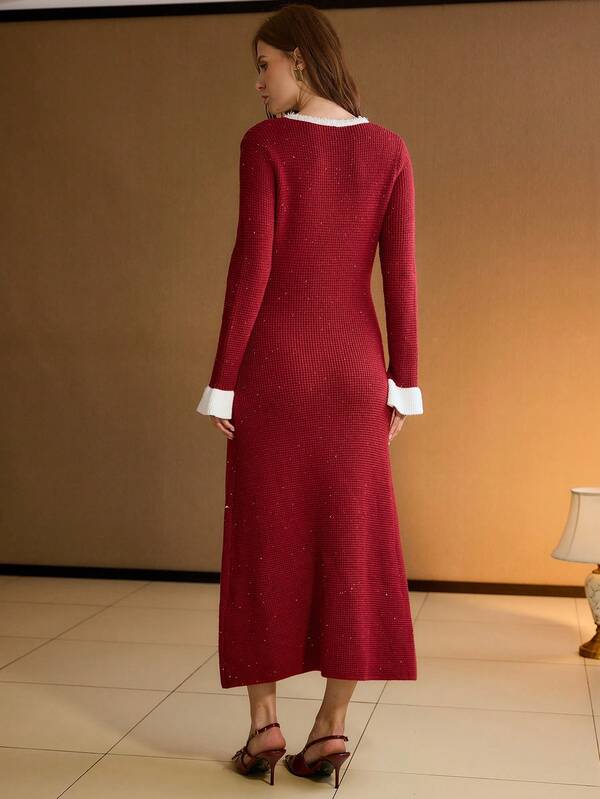 Vestido Midi Tricot Contrastado Slim Fit – Premium Outono/Inverno