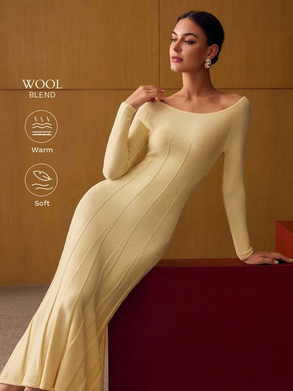 Vestido Midi Tricot Decote Canoa com Corte Diagonal – Premium