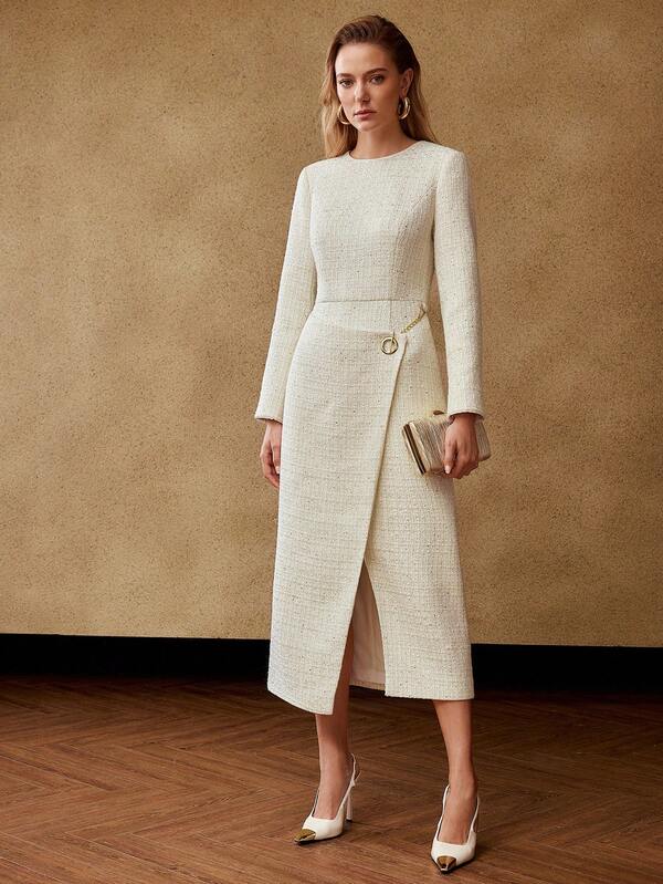 Vestido Midi Tweed com Detalhe em Corrente – Premium