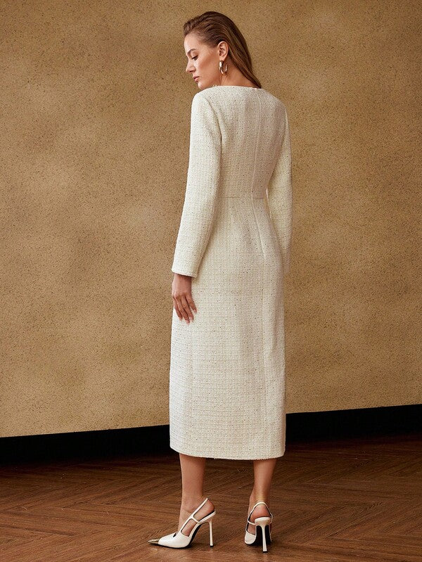 Vestido Midi Tweed com Detalhe em Corrente – Premium