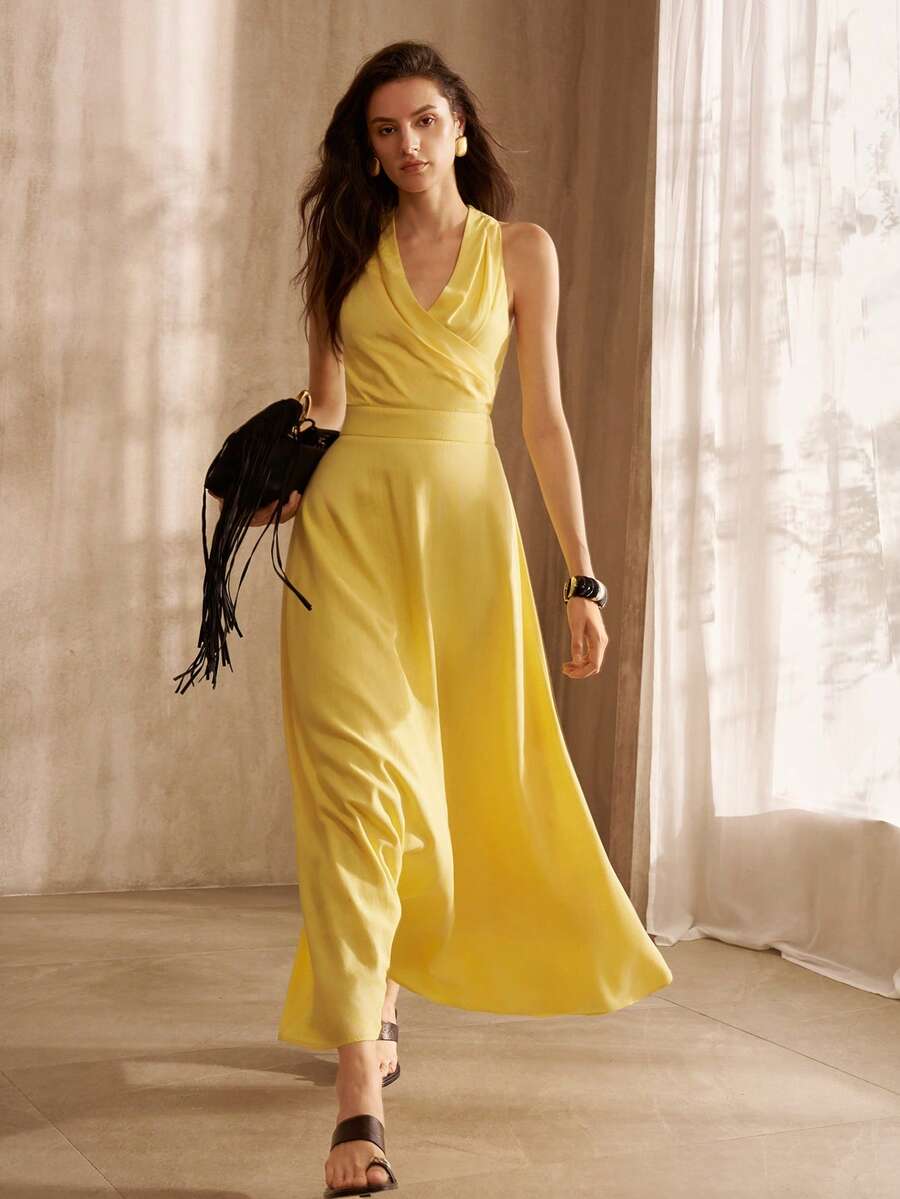 Vestido elegante em viscose e linho para Primavera-Verão