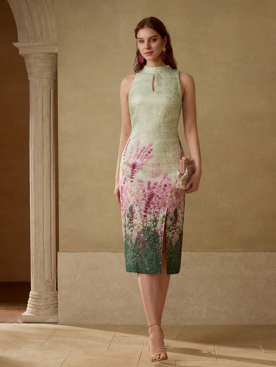 Vestido feminino floral com cintura alta e modelagem lápis
