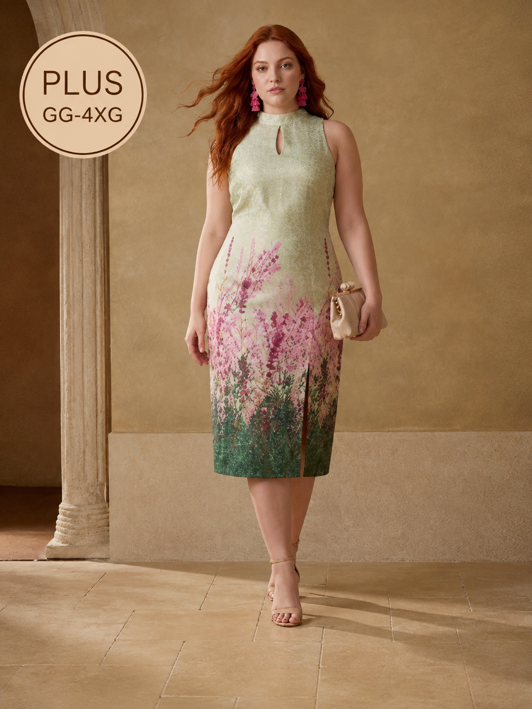 Vestido feminino midi jacquard floral multicolorido com decote gota