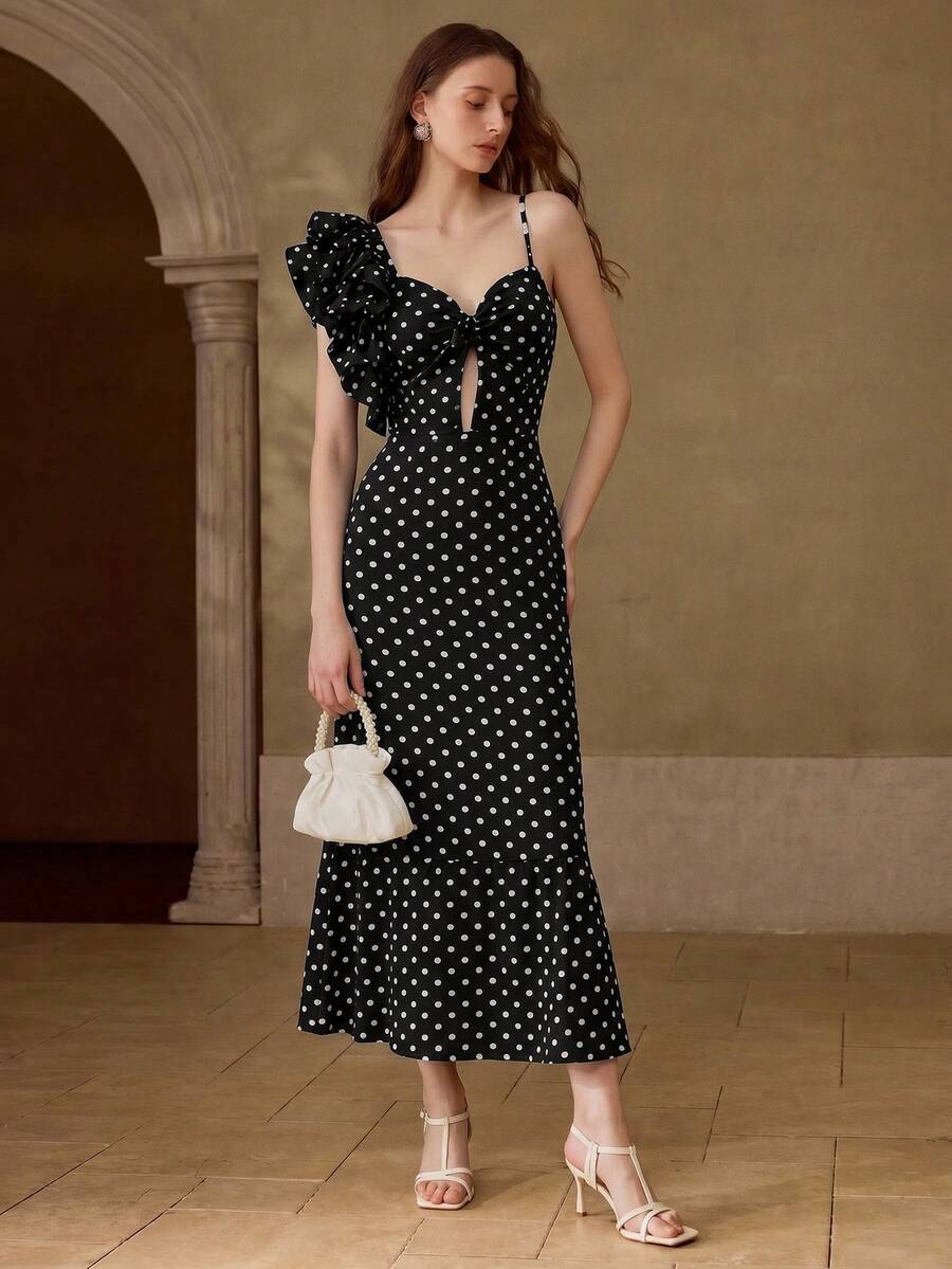 Vestido feminino poá elegante em três cores para primavera verão