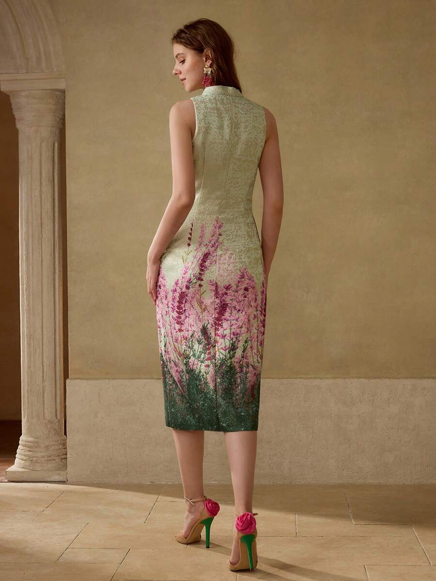 Vestido feminino sem mangas com estampa botânica em degradê