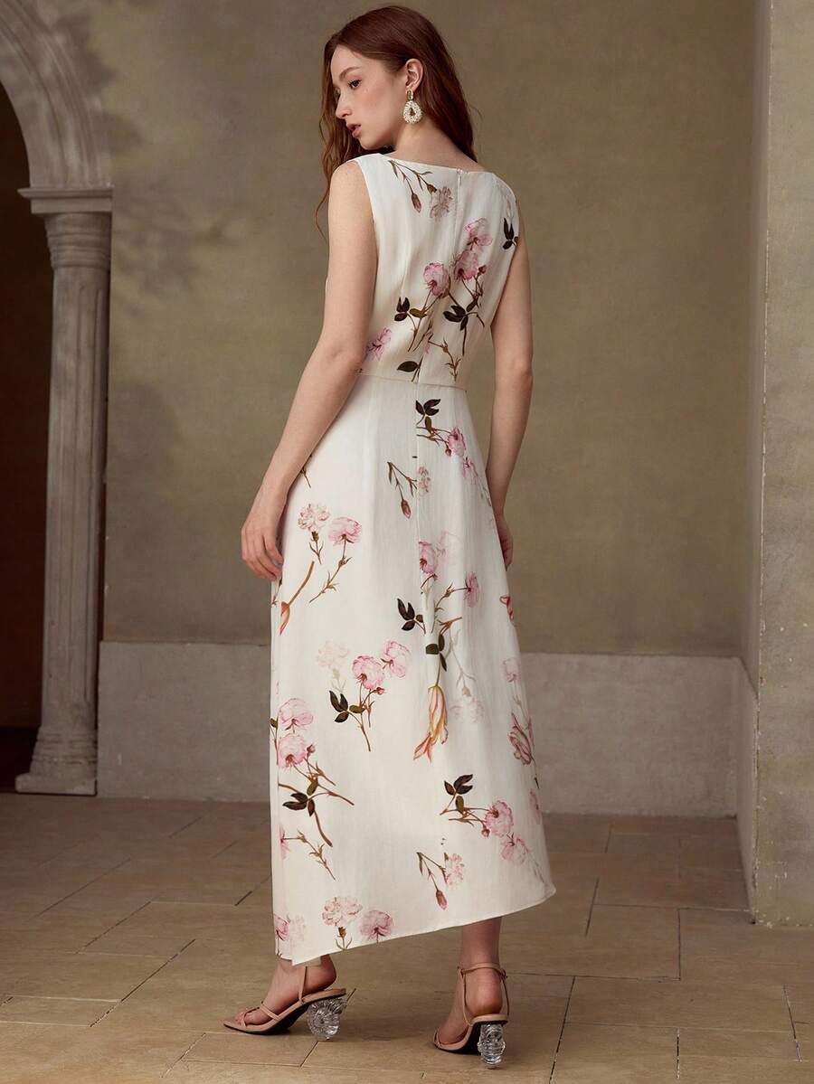 Vestido floral feminino em viscose com linho e cintura alta.