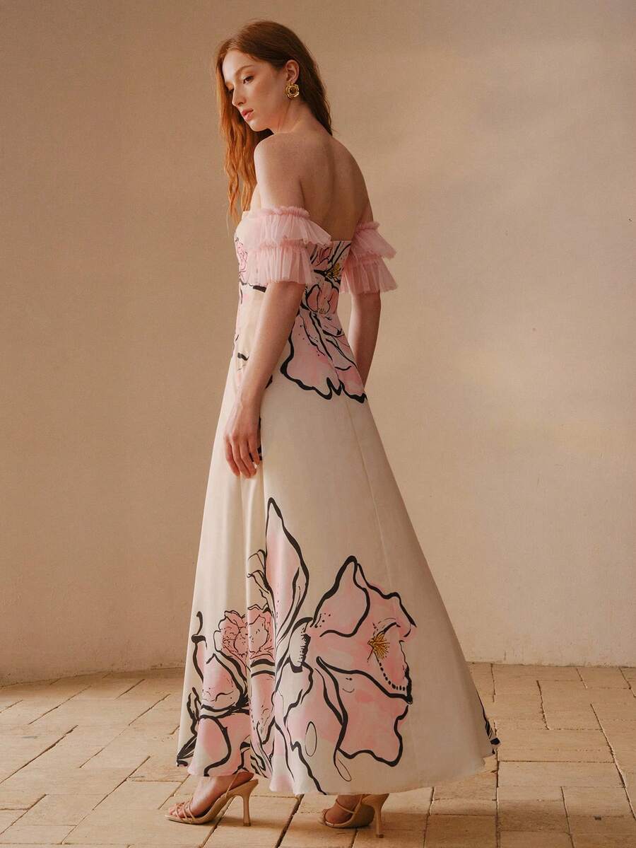 Vestido longo floral creme rosé ombro a ombro com mangas de tule rosa – Boutique do Encanto