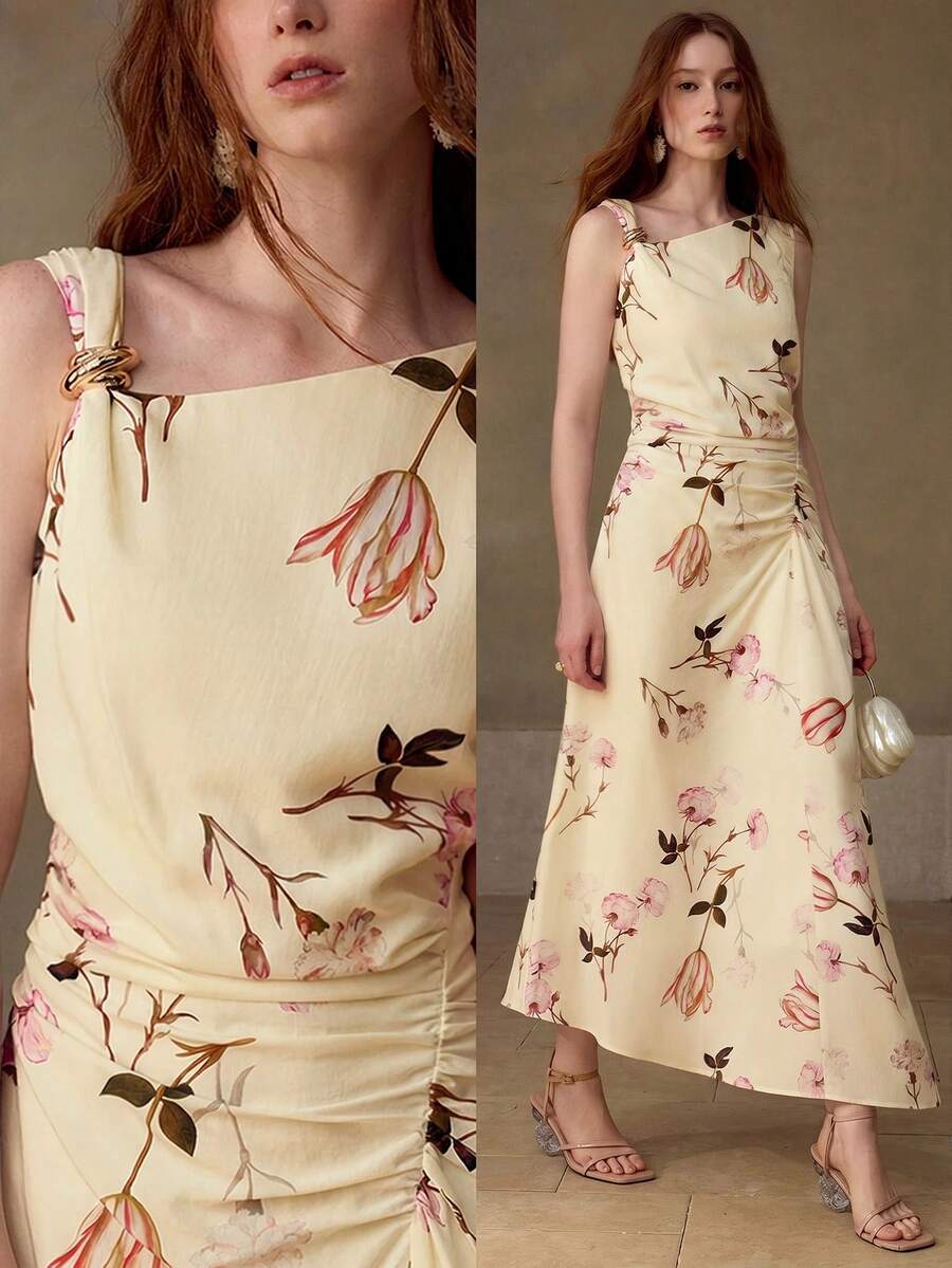 Vestido midi Off White Floral com cintura marcada e comprimento midi.