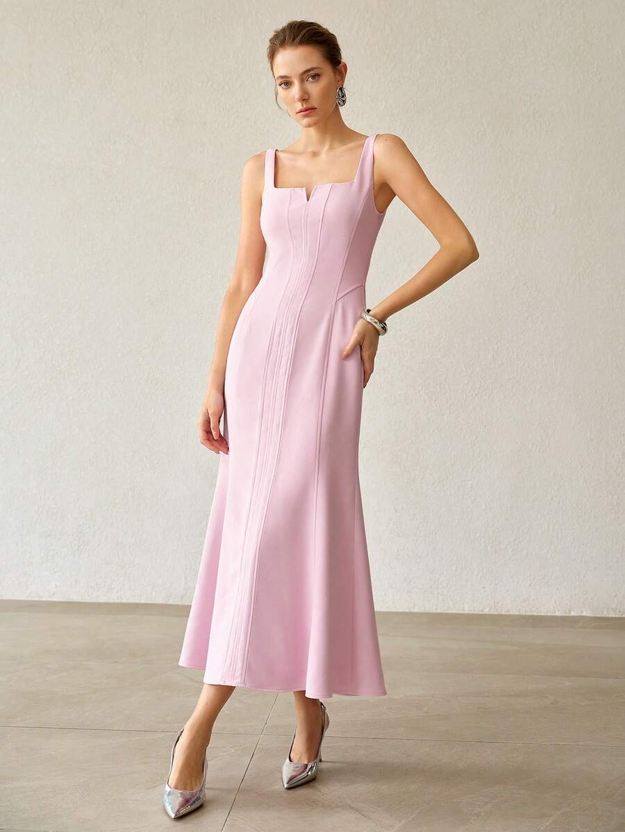 Vestido midi elegante Rosa Lavanda sem mangas para casamento
