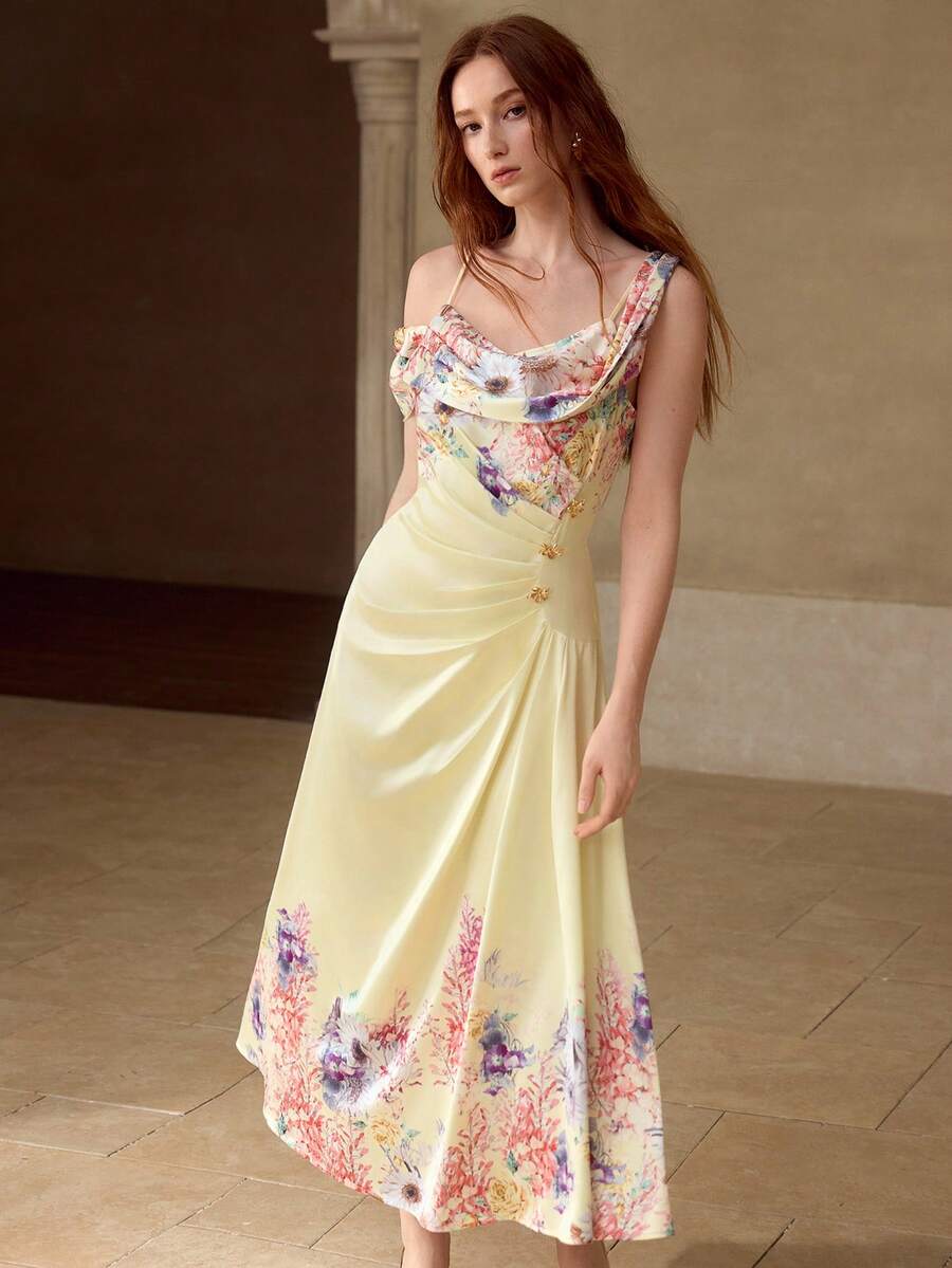 Vestido midi feminino Baunilha Pastel com estampa floral, decote drapeado e alças finas.