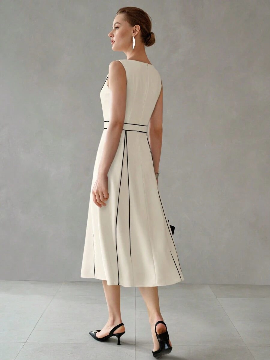 Vestido midi feminino com cintura alta e pregas estruturadas na saia