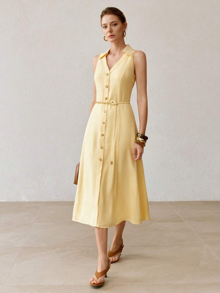 Vestido midi feminino com decote V pequeno e botões frontais