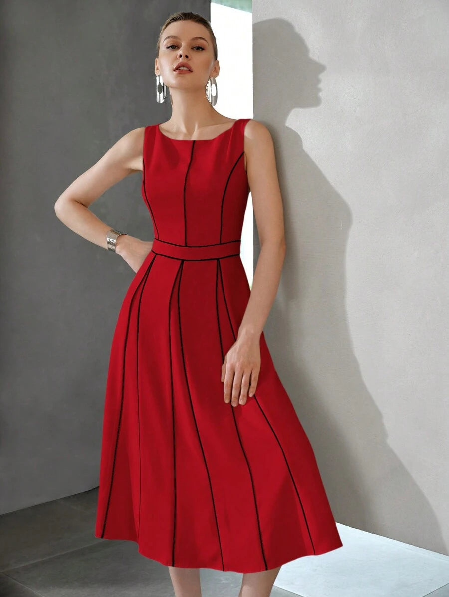 Vestido midi feminino vermelho com cintura marcada e saia em A