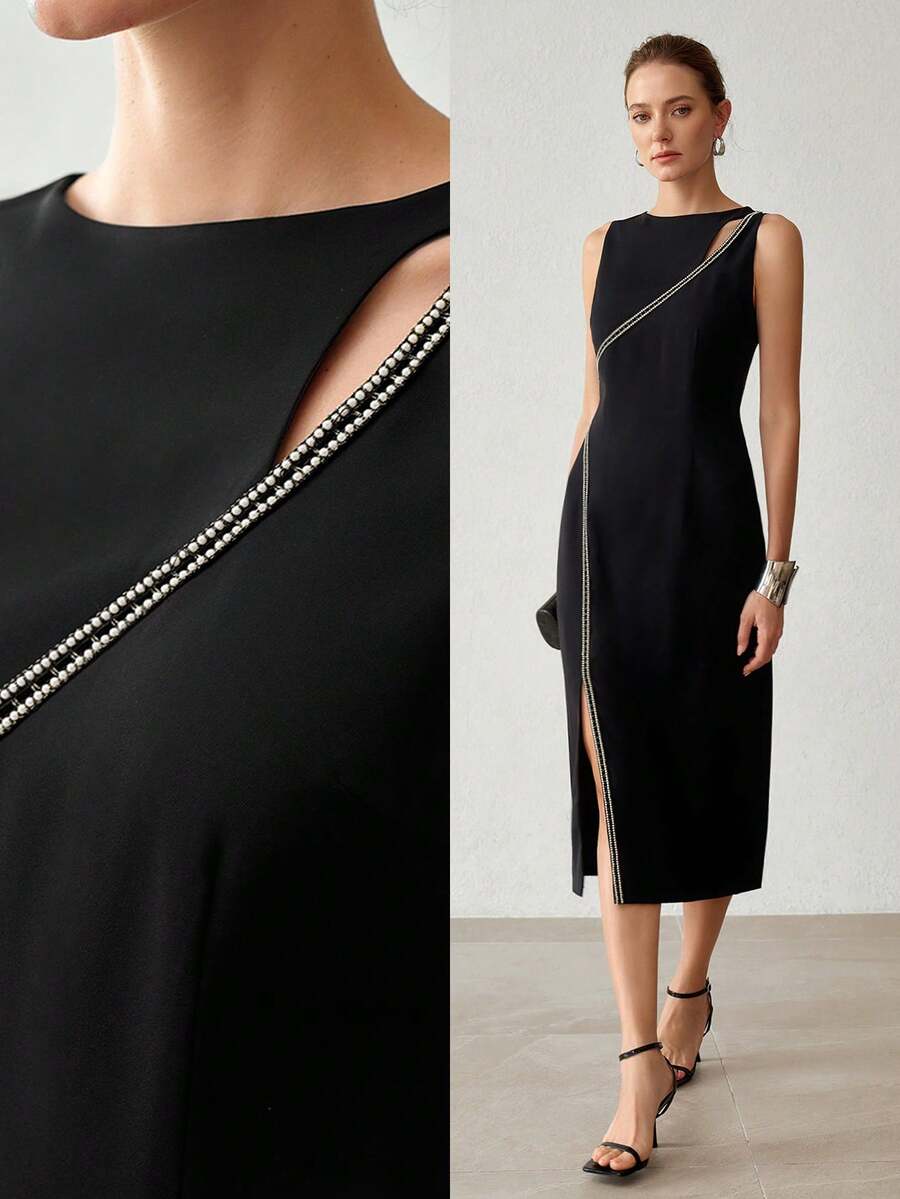 Vestido midi preto feminino elegante com fenda e detalhe brilhante – Boutique do Encanto