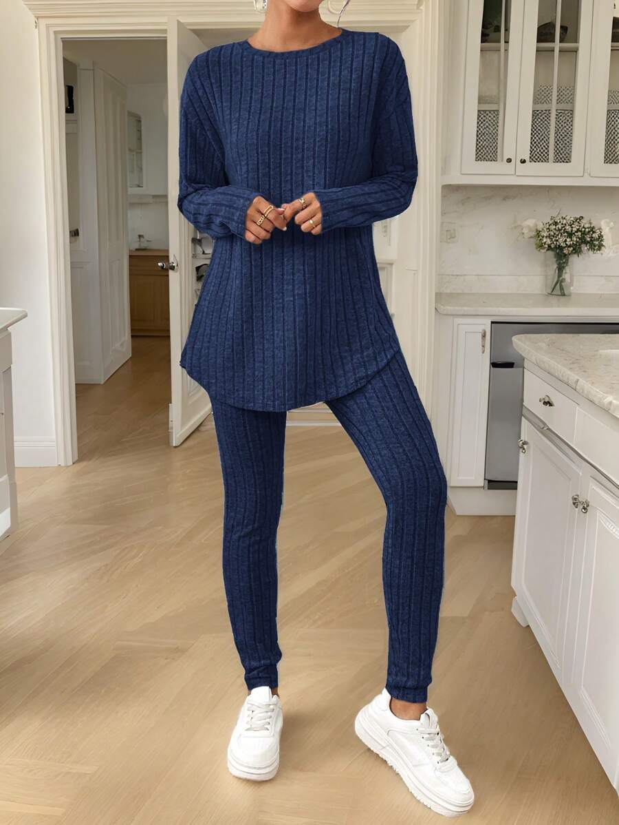 conjunto feminino canelado azul 2 peças manga longa e calça