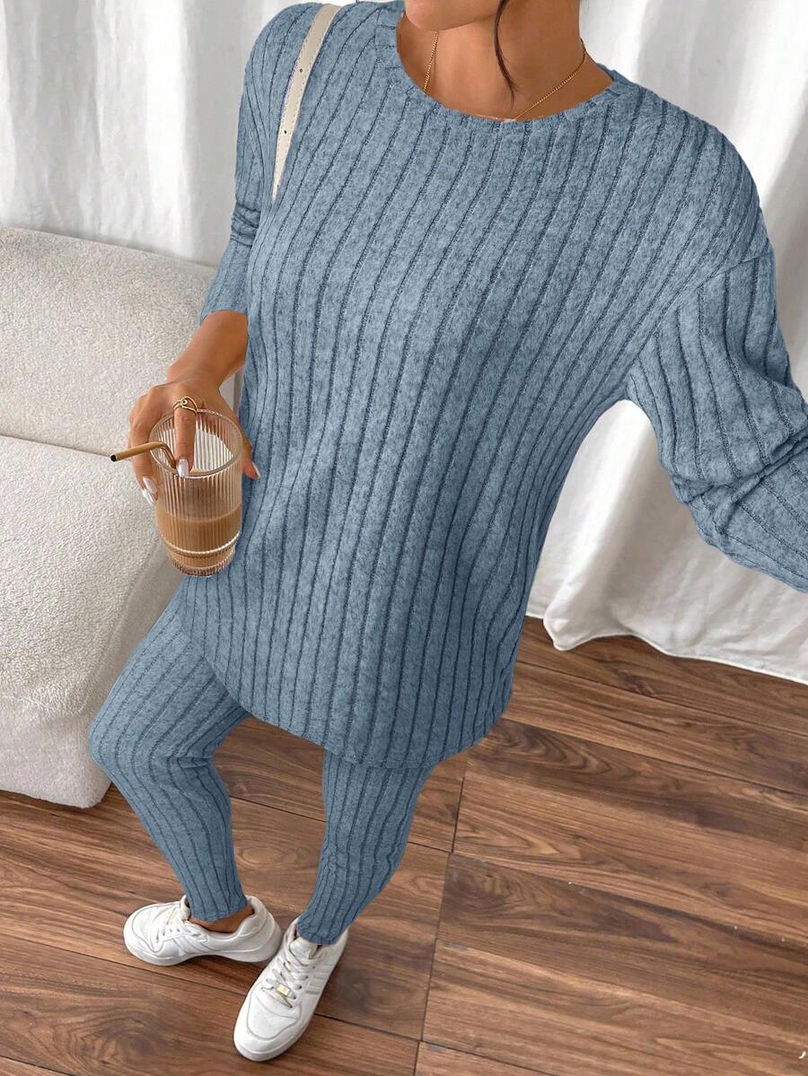 conjunto feminino canelado azul acizentado 2 peças manga longa e calça
