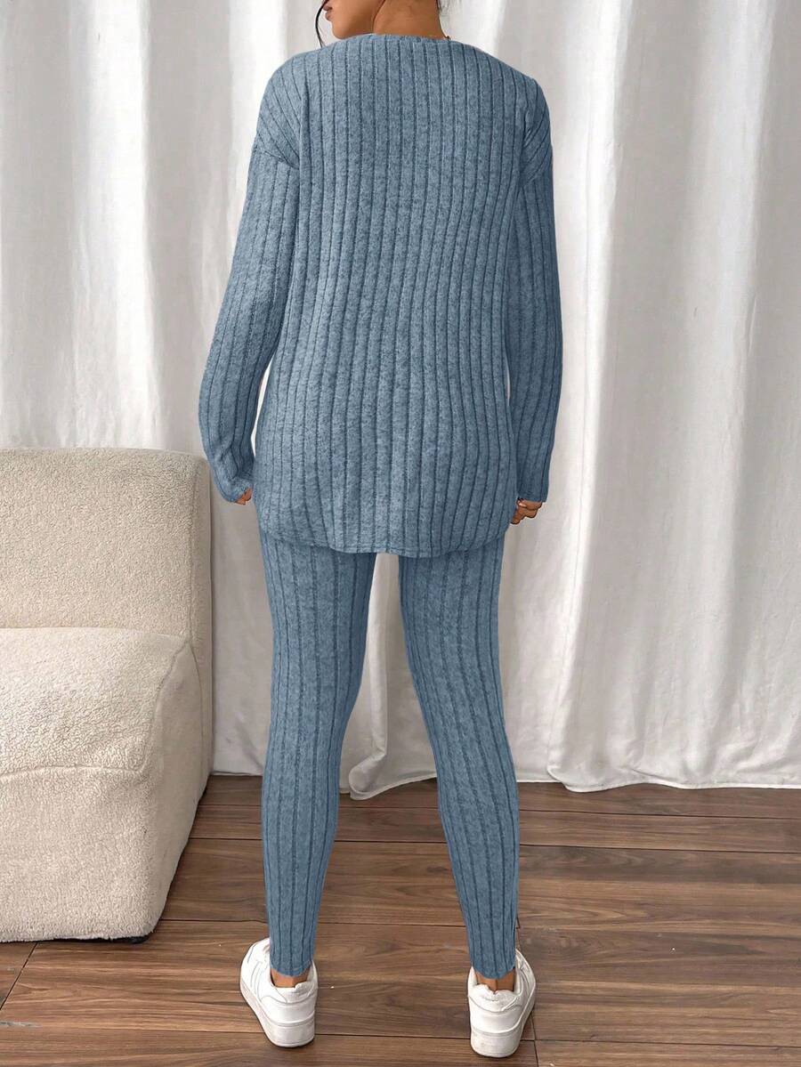 conjunto feminino canelado azul acizentado 2 peças manga longa e calça