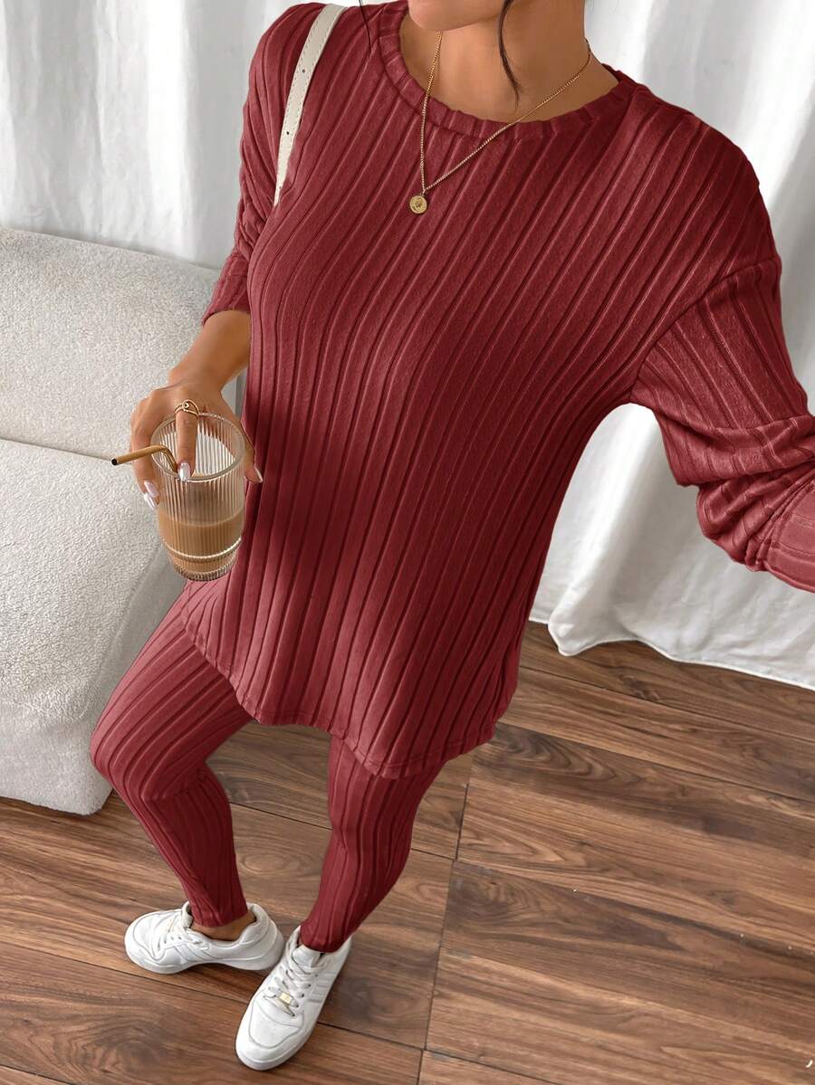 conjunto feminino cor melancia básico elegante tecido texturizado canelado